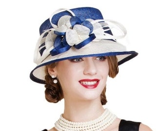 British Blue White Sinamay Wedding Hat For Women Elegant Church Flower Wide Brim Fedoras  Linen Kentucky Derby Hat Lady