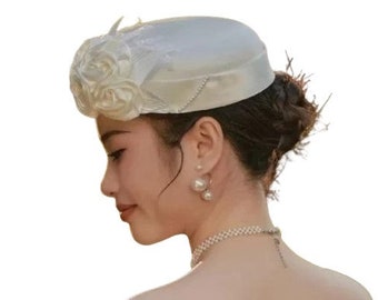Ladies Women Vintage White and Ivory Silk Satin Flower Top Hat for Wedding Special Occasion Church Fashion Hat -FREE SHIPPING