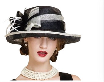 Ladies Women Fedora  Fashion Hat  Kentucky Derby Church Wedding Fashion Hat Black and White Elegant Floppy Wide Brim Cloche Hat