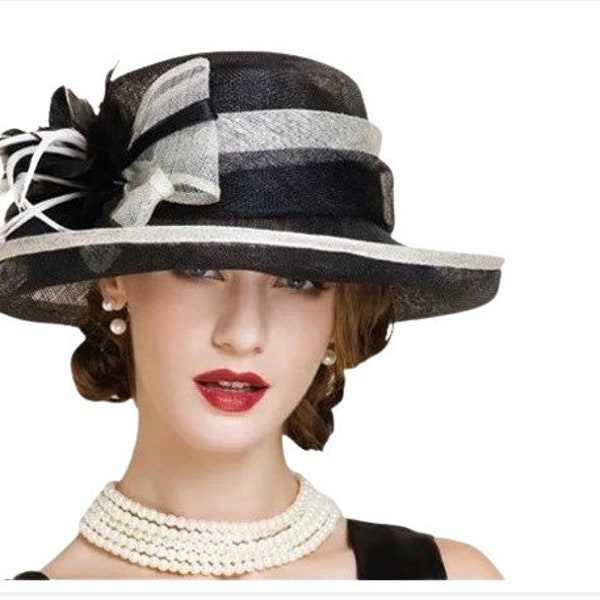 Ladies Women Fedora  Fashion Hat  Kentucky Derby Church Wedding Fashion Hat Black and White Elegant Floppy Wide Brim Cloche Hat