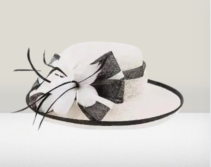 Ladies Women Fedora  Fashion Hat  Kentucky Derby Church Wedding Fashion Hat Black and White Elegant Floppy Wide Brim Cloche Hat
