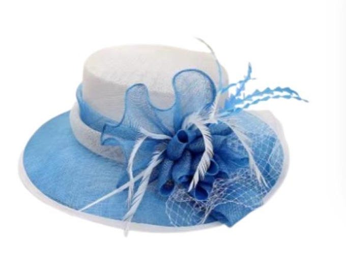 Ladies British Light Blue White Sinamay Wedding Hat For Women Elegant Church Flower Wide Brim Fedoras  Linen Kentucky Derby Hat Lady