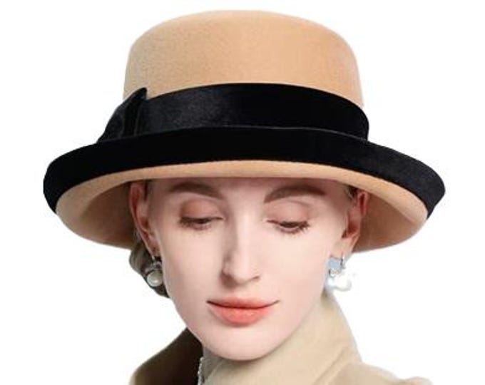 Ladies Elegant Camel Flat Top Hats For Women Casual Simple Curl Brim Bucket Caps Winter 100% Wool Felt Fedoras Female -FREE SHIPPING