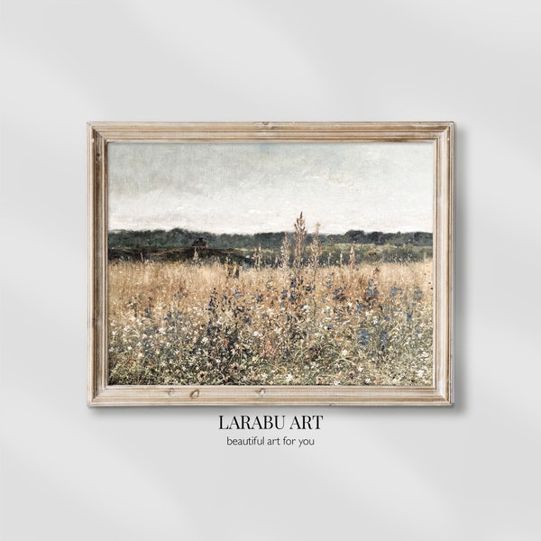 Printable Wall Art - Vintage Country Wildflower Field, Antique Landscape Farmhouse artwork, Muted Tonal Oil Painting, Digital Download #0003