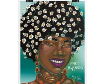 Love & Happiness | Inspirational Quote Art Print | black woman art | healing art | self love | affirmation art | NydiaDraws