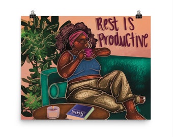 Rest is Productive | Self Love Healing Inspirational Quote Art Print | black woman art | affirmation art | NydiaDraws