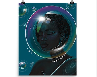 Bubbles | Blue Underwater Art Print | black woman art | healing art | self love art | affirmation art | Christian Art | Nydia Draws