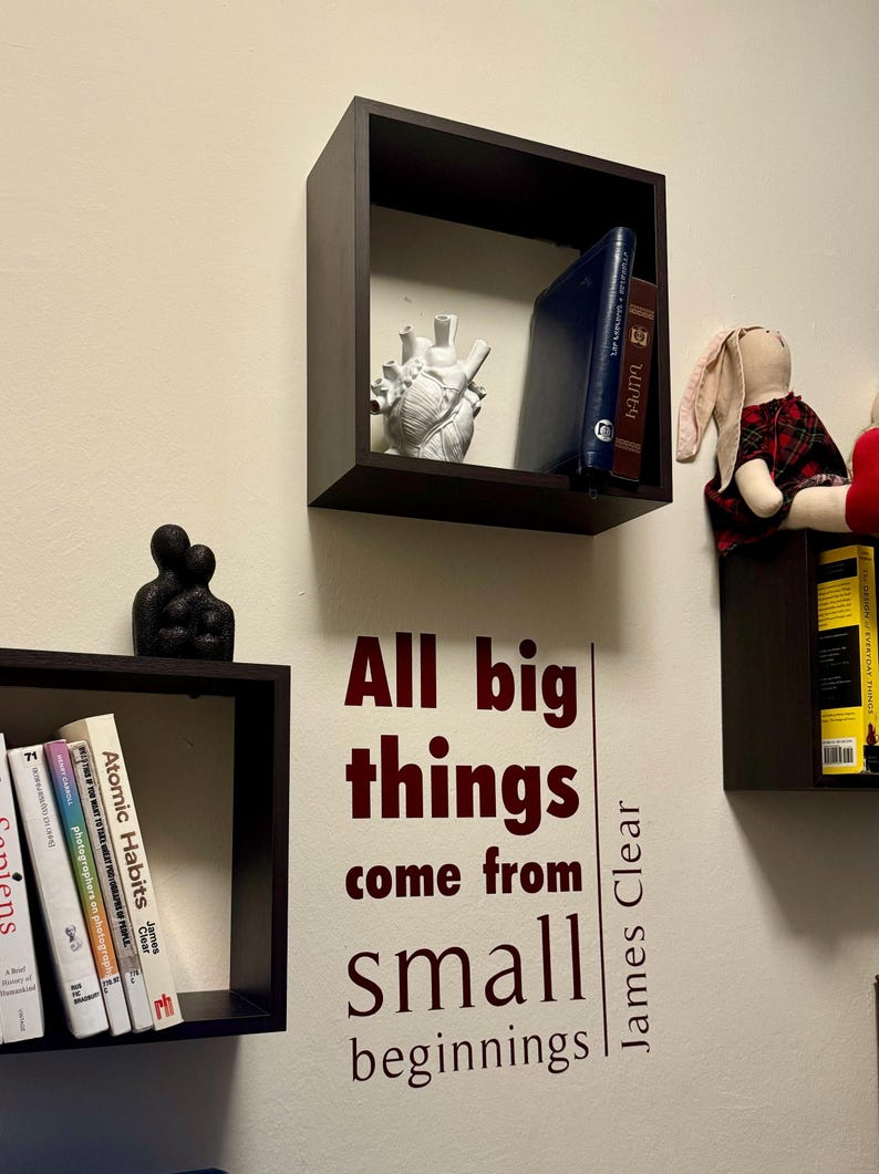 May include: Three dark brown square wall shelves holding books, a white anatomical heart sculpture, a black abstract figurine, and a plush rabbit toy. The wall features the dark red text: All big things come from small beginnings James Clear.