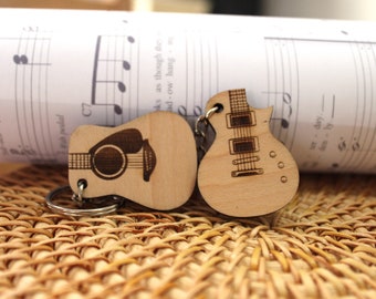 Wooden Guitar keychain Custom Engraved  acoustic electric keyring personalized Music Lover's text creative