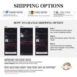 May include: An instructional graphic titled SHIPPING OPTIONS detailing three methods: Standard Shipping, Express Shipping, and Local Pickup. It includes three smartphone screenshots showing steps to change shipping options, with text instructions and the Micmar logo.