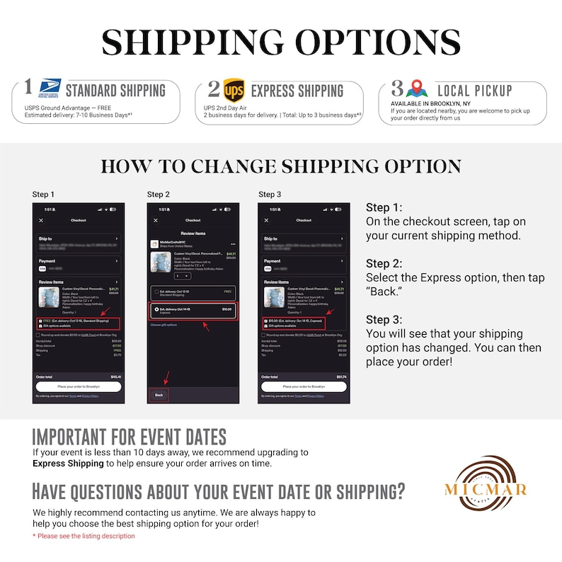 May include: An instructional graphic titled SHIPPING OPTIONS detailing three methods: Standard Shipping, Express Shipping, and Local Pickup. It includes three smartphone screenshots showing steps to change shipping options, with text instructions and the Micmar logo.
