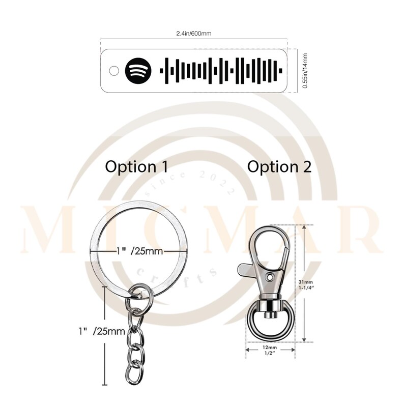 May include: Two options for a keychain featuring a silver metal ring and a silver metal chain. Option 1 is a 1-inch diameter ring with a 1-inch chain. Option 2 is a 1/2-inch diameter ring with a 1-1/4-inch long clip.