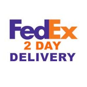 May include: The FedEx logo in purple and orange, with the words "2 DAY DELIVERY" in blue beneath it. The text is clear and easy to read against a white background.