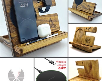 Custom Apple Watch Stand and iPhone Charger - Wooden Docking Station with Wallet Shelf, Personalized Gift for Him, Valentine's  Fathers Day