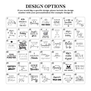 Design options chart for custom vinyl decals featuring 42 different text styles for baby showers, birthdays, bridal showers, graduations, rodeo themes, golf themes, pregnancy announcements, and event backdrops. Includes personalized decal examples with modern script and bold fonts for party decorations and backdrop signs.