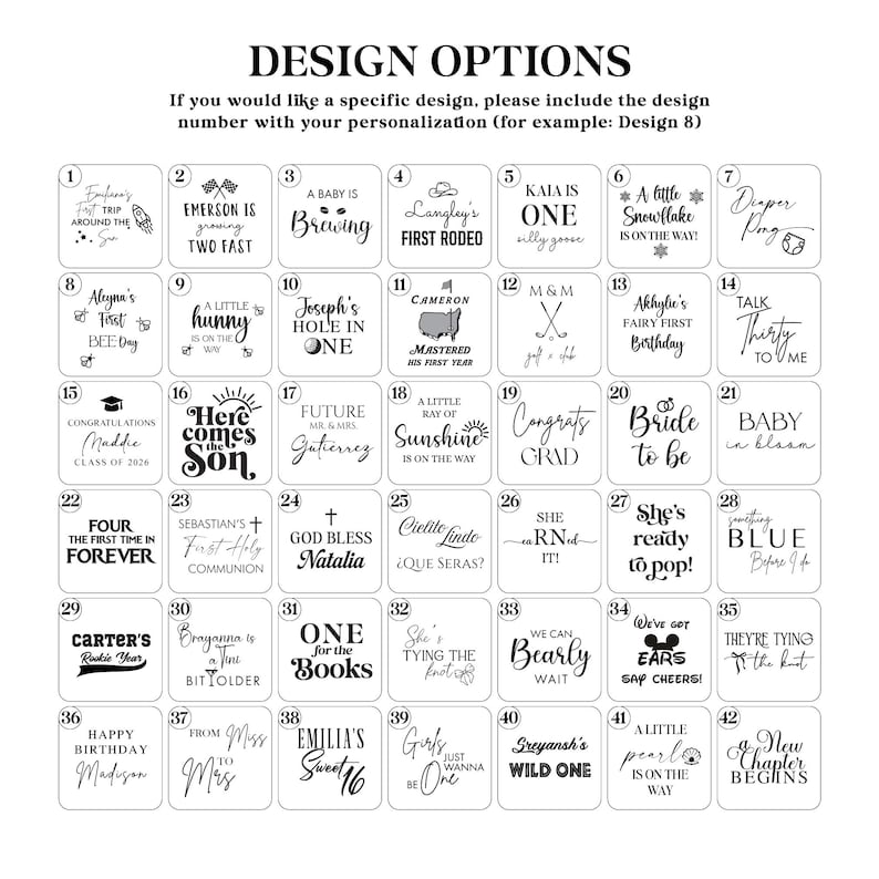 Design options chart for custom vinyl decals featuring 42 different text styles for baby showers, birthdays, bridal showers, graduations, rodeo themes, golf themes, pregnancy announcements, and event backdrops. Includes personalized decal examples with modern script and bold fonts for party decorations and backdrop signs.