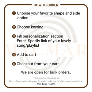 May include: How to order a personalized Spotify music keyring. Choose your favorite shape and side option, select a keyring, fill out the personalization section, enter your Spotify link, add to cart, and checkout. We are open for bulk orders. Thank you for choosing us. Each of your orders is a way for us to make our family's dream come true. Mic Mar Crafts.