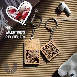 Engraved Wood QR Code Keychain: Personalized Music Gift