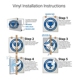 May include: Vinyl Installation Instructions infographic showing five steps to apply a circular Business of the Year trophy decal. It illustrates using masking tape, a center hinge, cutting the release liner, and squeegeeing the vinyl.
