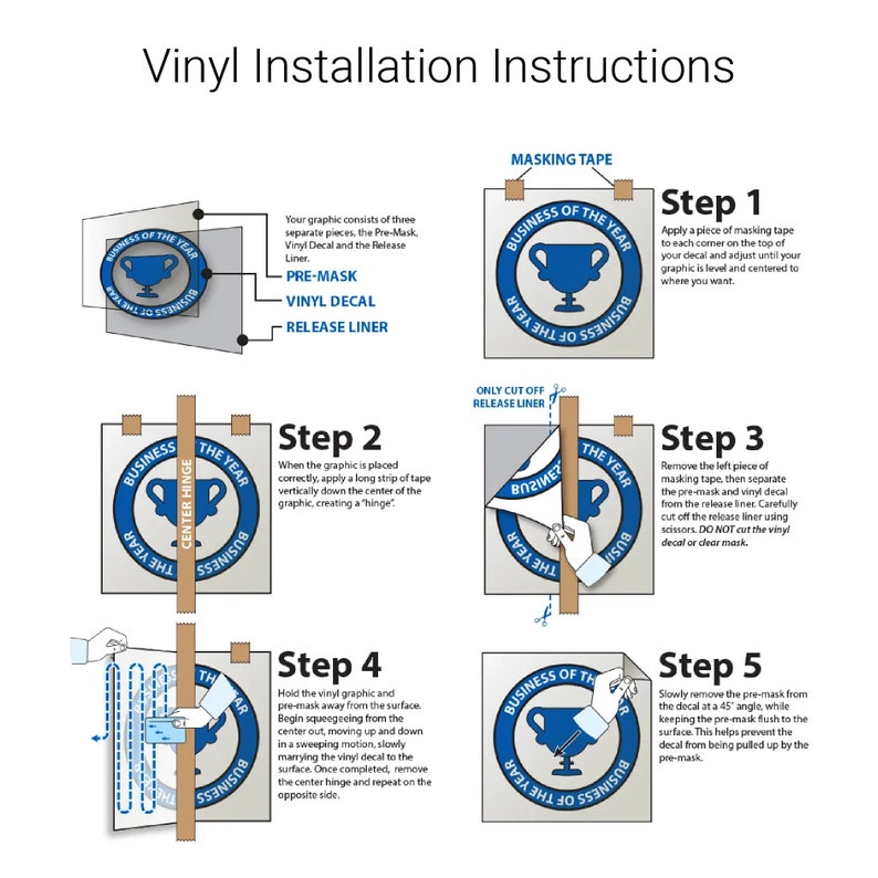May include: Vinyl Installation Instructions infographic showing five steps to apply a circular Business of the Year trophy decal. It illustrates using masking tape, a center hinge, cutting the release liner, and squeegeeing the vinyl.