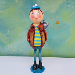 Handmade ooak figurine, collectible miniature man with dove, clay art doll, bird lovers gift, handcrafted sculpture, whimsical figure decor