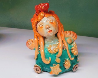 One of a Kind Mermaid Ceramic Sculpture, Whimsical Art Doll, Marine Ocean Decor