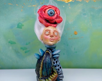 Handmade Surreal Clay Figurine, Dark Fantasy Creature Sculpture, Macabre Decor (30x12cm)