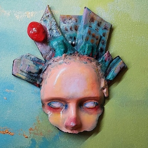 Handmade whimsical mask decoration, ooak wall ornament, creepy wall art, ceramic clay sculpture, scary home decor, dark art, witchy