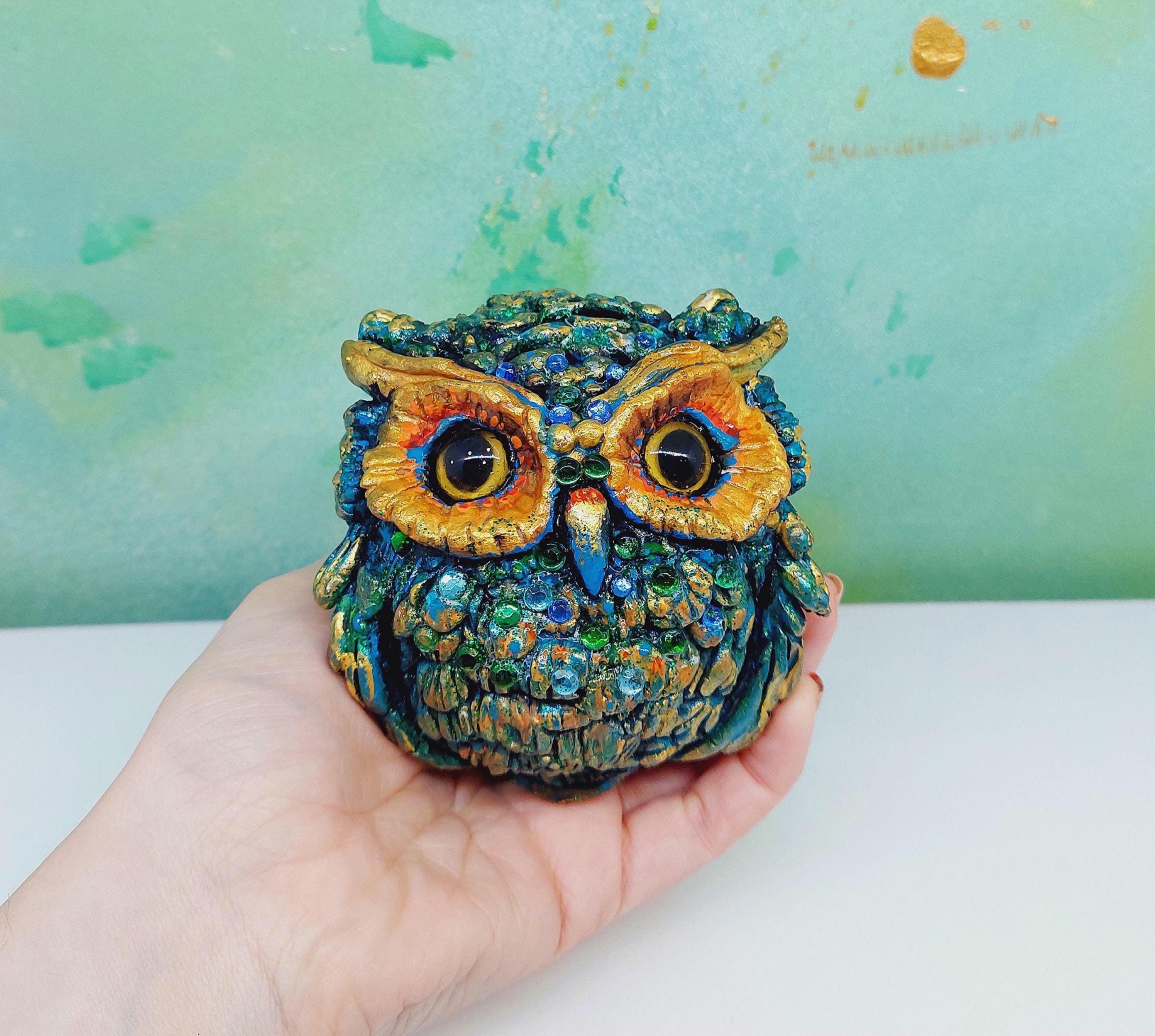 Handmade Turquoise Owl Statue: Bohemian Art Deco Figurine