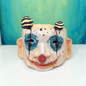 Handmade Creepy Clown Face Ceramic Bowl – Clay Halloween Planter / Candy Dish