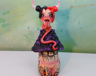 Handmade Ceramic Devil Art Doll, Gothic Horror Figurine, Macabre Sculpture (16x8cm)