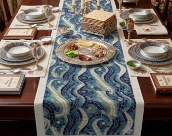 Passover Table Runner Red Sea Crossing Mosaic Waves Jewish Judaica Hostess Gift, Seder Decorations, Home Decor Present For Wife Mom Family