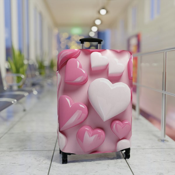 White and Pink Hearts Premium Suitcase cover, Suitcase protector, Luggage Cover, Travel Accessories