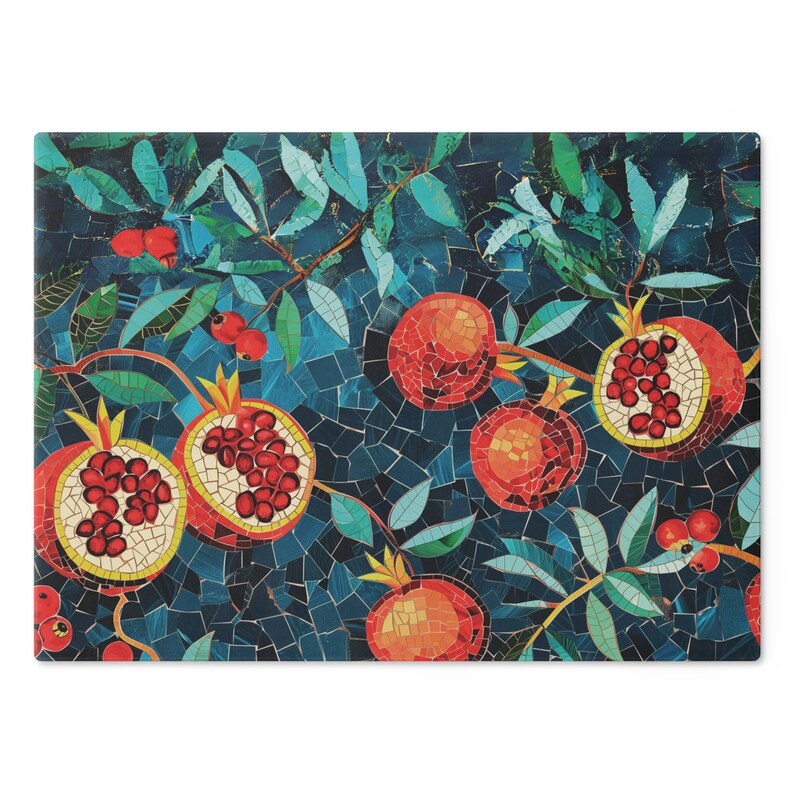 Pomegranates on Branches Blue Turquoise Mosaic Print Cutting Board / Challah Plate