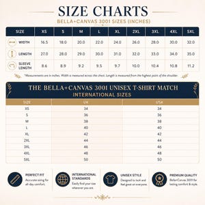 Op de afbeelding: Een maattabel voor Bella+Canvas 3001 unisex t-shirts, met weergave van breedte, lengte en mouwlengte in inches van XS tot 5XL. Het bevat een tabel voor internationale maatconversies tussen Britse en Amerikaanse standaarden, inclusief diverse iconen.