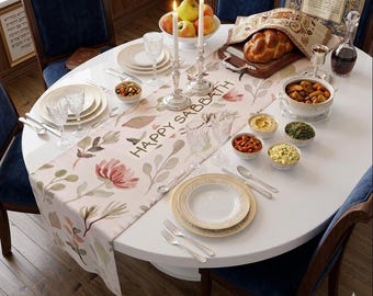 Floral Shabbat Table Runner, Modern Judaica Home Decor,  Linen Art Jewish wedding gift