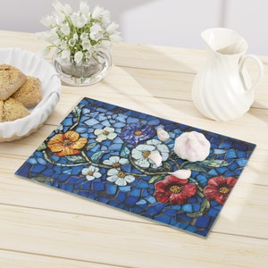 Large Mosaic Blooms Glass Cutting Board - White, Red, and Orange Flowers on Blue Mosaic - PRINT