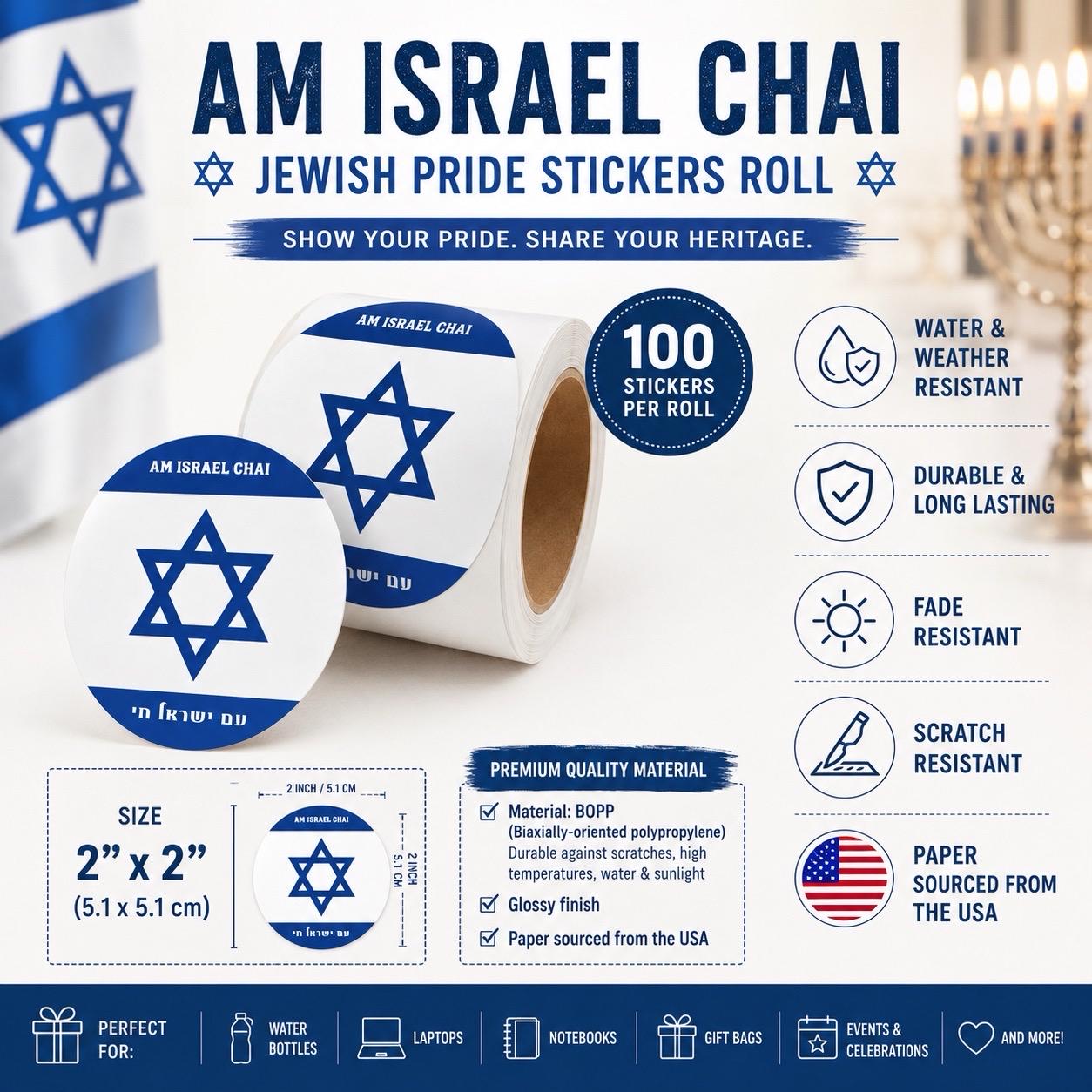 Am Ras Sticker Jewish Pride Stickers Am Israel Chai Stickers Roll Decal Star of David ...