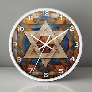 Star of David Wooden Wall Clock Jewish Home Gift, Beige, Blue & Orange Clock, Unique Judaica Art New House family Present, Synagogue Decor