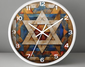 Star of David Wooden Wall Clock Jewish Home Gift, Beige, Blue & Orange Clock, Unique Judaica Art New House family Present, Synagogue Decor