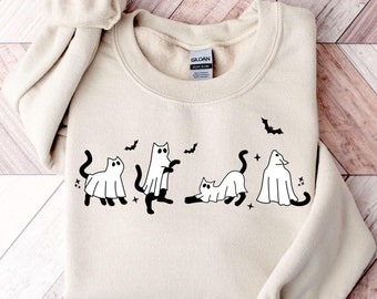 Halloween Cat  Sweatshirt, Halloween Sweater, Halloween Cat, Ghost Cat, Spooky Season, Fall Sweatshirt, Halloween Shirt, Cat Lover, Cute Cat