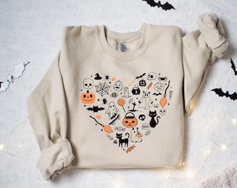 Halloween Doodles Sweatshirt, Halloween Heart Sweatshirt, Cute Pumpkin Shirt, Halloween Lover Sweatshirt, Happy Halloween Sweater, Black Cat