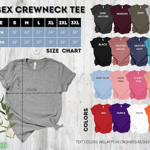 Op de afbeelding: Maattabel voor een unisex crewneck t-shirt met afmetingen in inches. De tabel toont de breedte en lengte van het t-shirt in verschillende maten, van S tot 3XL. De afbeelding toont ook een verscheidenheid aan kleuren die beschikbaar zijn voor het t-shirt, waaronder donker grijs, bordeauxrood, legergroen, grijs met atletische tint, zwart, grijs met paarse tint, grijs met marineblauwe tint, grijs met aquakleur, babyblauw, lichtroze, roze met liefdadigheidstint, grijs met perzikkleur, rood, paars, wit en oranje.