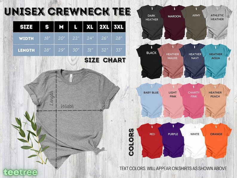 Op de afbeelding: Maattabel voor een unisex crewneck t-shirt met afmetingen in inches. De tabel toont de breedte en lengte van het t-shirt in verschillende maten, van S tot 3XL. De afbeelding toont ook een verscheidenheid aan kleuren die beschikbaar zijn voor het t-shirt, waaronder donker grijs, bordeauxrood, legergroen, grijs met atletische tint, zwart, grijs met paarse tint, grijs met marineblauwe tint, grijs met aquakleur, babyblauw, lichtroze, roze met liefdadigheidstint, grijs met perzikkleur, rood, paars, wit en oranje.