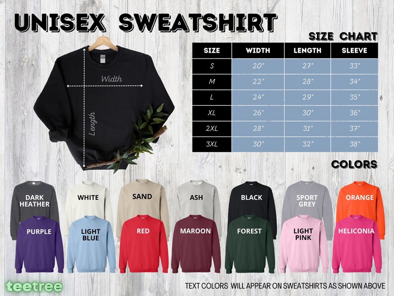 May include: Black unisex sweatshirt hanging on a wooden hanger. The image includes a size chart with measurements in inches and a color palette with options like dark heather, white, and red. Text on the image reads "UNISEX SWEATSHIRT".