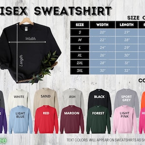 Op de afbeelding: Unisex sweatshirt maattabel met metingen in inches. De tabel toont de breedte, lengte en mouwlengte voor maten S tot en met 3XL. De sweatshirt is verkrijgbaar in 12 kleuren: donker grijs melange, wit, zand, as, zwart, sport grijs, oranje, paars, lichtblauw, rood, bordeaux, bosgroen, licht roze en heliconia. Tekstkleuren zullen op sweatshirts verschijnen zoals hierboven getoond.