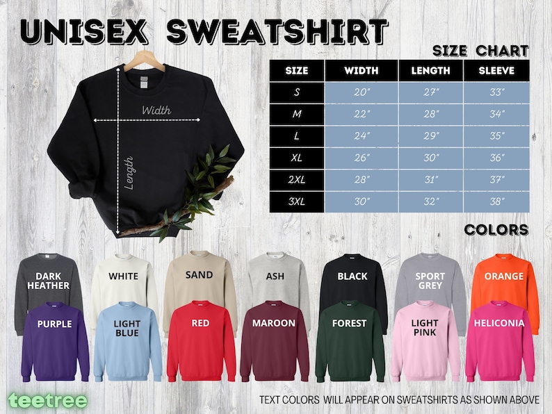 Op de afbeelding: Unisex sweatshirt maattabel met metingen in inches. De tabel toont de breedte, lengte en mouwlengte voor maten S tot en met 3XL. De sweatshirt is verkrijgbaar in 12 kleuren: donker grijs melange, wit, zand, as, zwart, sport grijs, oranje, paars, lichtblauw, rood, bordeaux, bosgroen, licht roze en heliconia. Tekstkleuren zullen op sweatshirts verschijnen zoals hierboven getoond.
