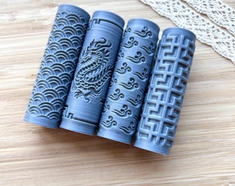 Chinese Pattern Polymer Clay Mini Texture Roller Set: Seamless Clay Tool, 55x15 mm
