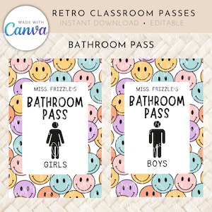 Retro Theme Classroom Bathroom/Hall Passes for Teachers, Canva Editable Template, DIGITAL,  Customizable, Printable
