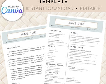 Clean, Simple, Modern, Minimalist Resume Template with Cover Letter, Customizable on Canva, Teacher Resume, One Page Resume